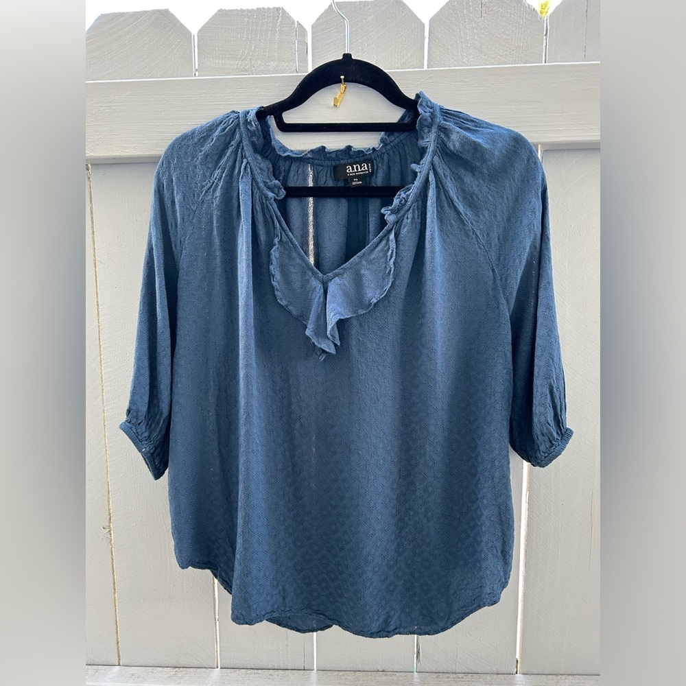 56.ANA A New Approach Womens  Peasant Blue Blouse. 3/4 Sleeve 
Size PS